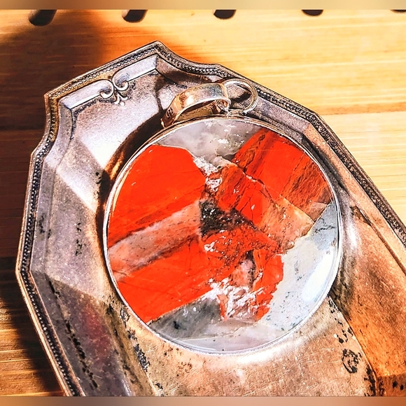 2", Super-Chunky, Oval Shaped, Bright Red Stone Disc Pendant/Sparkling Crystals. - Picture 6 of 6